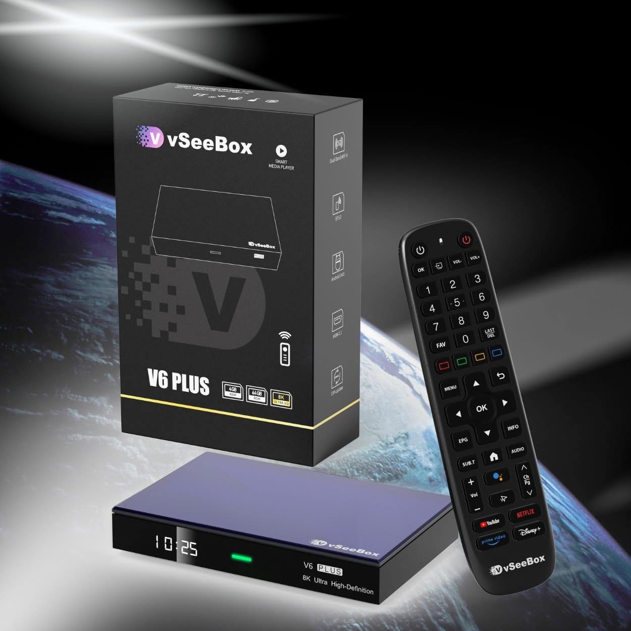 vSeeBox V6 Plus media player, backlit remote, and retail box